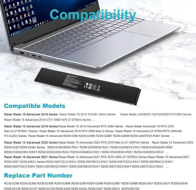 Alt view image 2 of 7 - TREE.NB RC30-0248 Laptop Battery Replacement for Razer Blade 15 2018 Advanced RZ09-02386E92 RZ09-02385 RZ09-02386 RZ09-02886 RZ09-02887 RZ09-02888 RZ09-0301 RZ09-0313 Series 4ICP4/55/162 (15.4V 80Wh)
