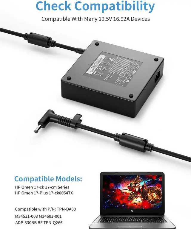 Alt view image 4 of 6 - 330W Smart AC Power Adapter Compatible with HP OMEN 17 17.3 inch Gaming Laptop PC Charger Model 17-ck1020nr 17-ck1111nr 16-n0797nr 16-n0033dx ADP-330BB BF M34531-003 M34603-001 Power Supply Cord