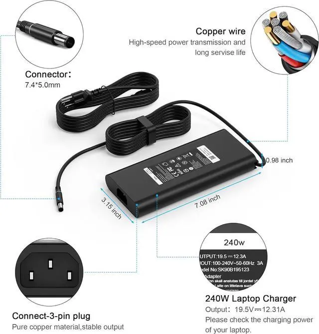 Alt view image 2 of 7 - New Slim 240W 180W 19.5V 12.31A AC Adapter for Dell Alienware 15 17 R1 R2 R3 R4 R5 M17X M18X X51 G3 G5 G7 Precision 7710 7730 7520 7540 M6800 M4300 Dell Alienware Laptop Charger Power Supply Cord
