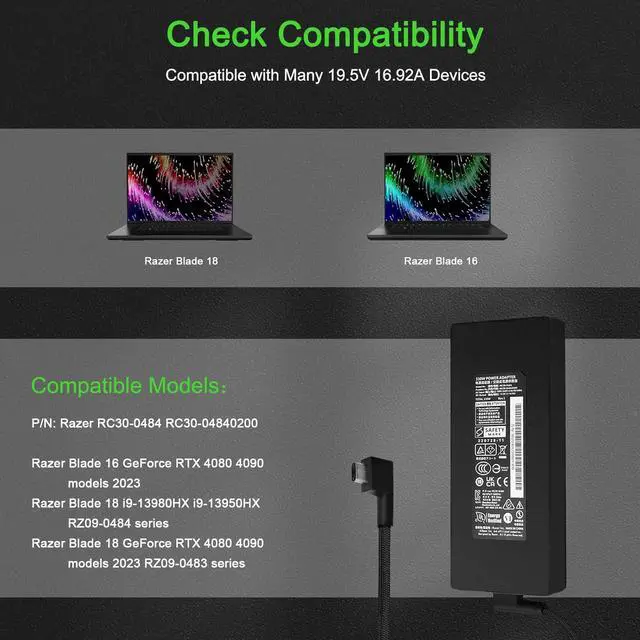 Alt view image 3 of 7 - OEM 330W Power Supply Cord for Razer Blade 18 16 Laptop RZ09-0483 RZ09-0484 Razer 330w Charger Razer Blade 18 Laptop Charger RC30-048 RC30-0484 Razer Blade 18 2024