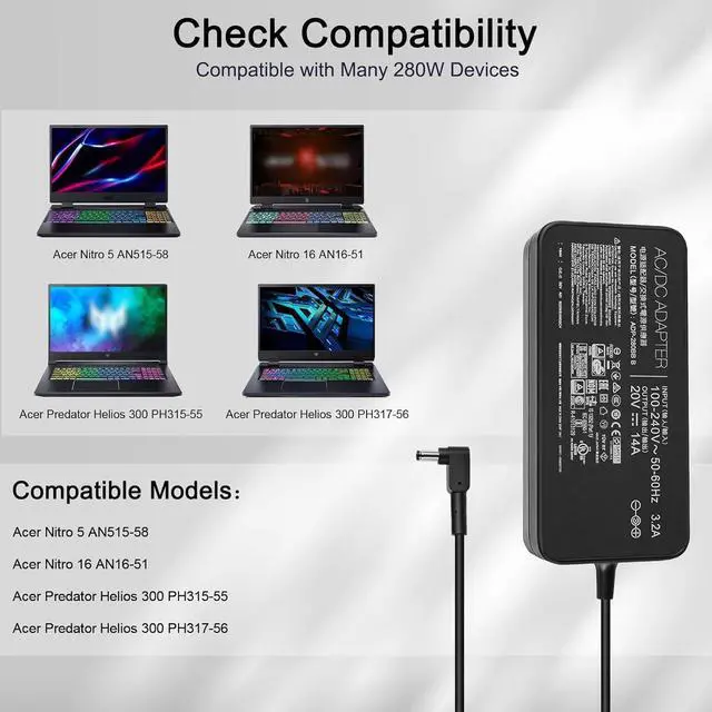 Alt view image 3 of 7 - 280w Laptop Charger for Acer Predator Helios 300 PH317-56 PH315-55 Acer Nitro 5 AN515-46 AN515-58 Acer Nitro 16 AN16-51 ac Adapter ADP280DB B a21-280p1a Power Adapter