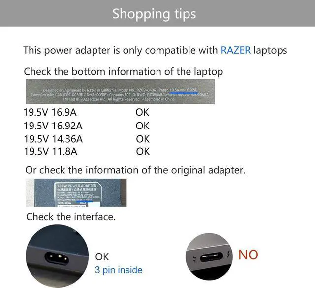 Alt view image 2 of 7 - 330W Portable AC Adapter 19.5V 16.92A Replacement RC30-0484 Compatible with Razer Blade 16 18 i9-13980HX RTX4090 13950HX RTX4080 Laptop Charger