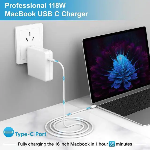 Alt view image 2 of 7 - Mac Book Pro Charger - 118W USB C Fast Charger Power Adapter Compatible with USB C Port MacBook Pro/MacBook Air 16 15 14 13 Inch New iPad Pro and All USB C Device Included 6.6ft USB C Charge Cable