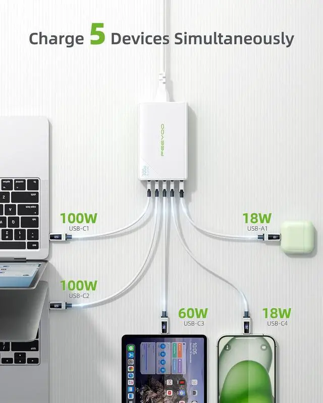 Alt view image 3 of 6 - 300W USB C Charger GAN Fast Charging Station 5 Ports Type C Power Adapter PD 100w Desktop Charger Compatible with MacBook Pro/Air  XPS iPad iPhone Galaxy etc