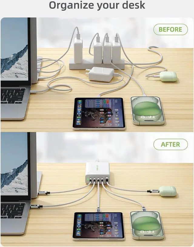 Alt view image 6 of 6 - 300W USB C Charger GAN Fast Charging Station 5 Ports Type C Power Adapter PD 100w Desktop Charger Compatible with MacBook Pro/Air  XPS iPad iPhone Galaxy etc