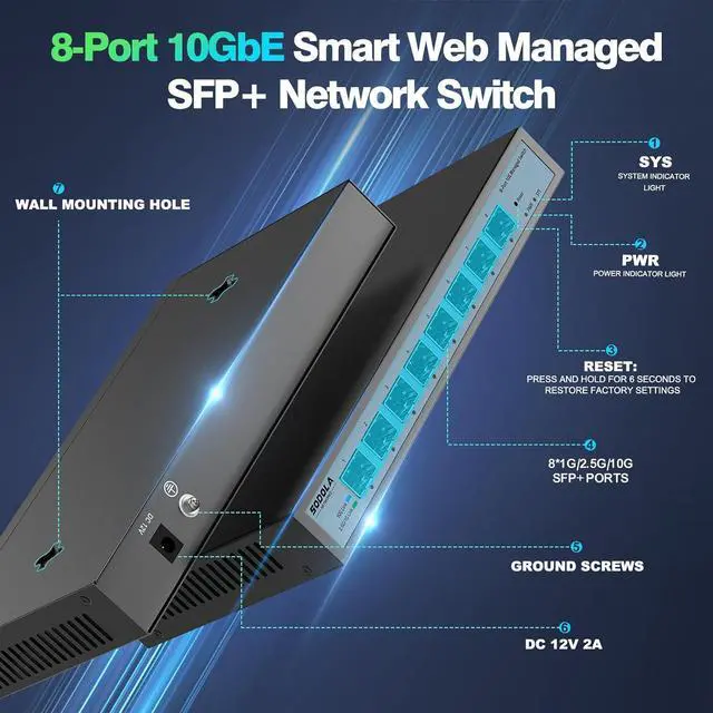Alt view image 2 of 7 - 8 Port 10G Web Managed Switch, 8X10G SFP+ Ports, Link Aggregation/QoS/VLAN/IGMP, Wall Mounted Fanless 10Gb Multi-gig Network SwitchSFP Ports Only