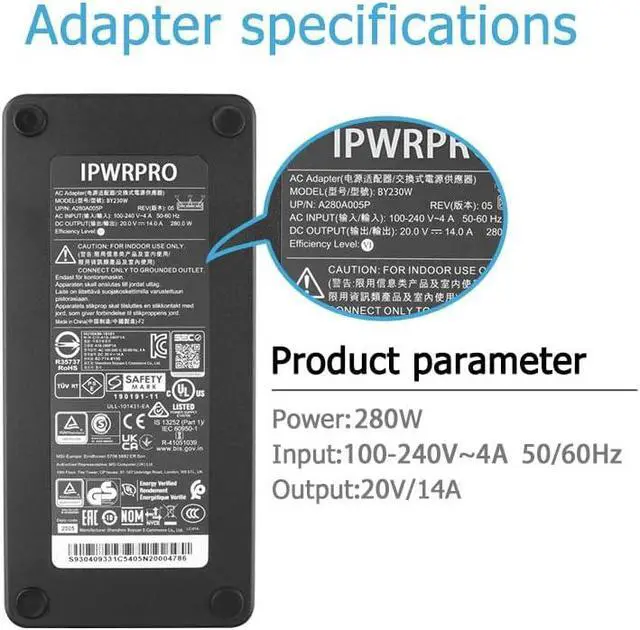 Alt view image 3 of 7 - 280W USB Tip Charger Compatible with MSI GP66 Leopard 11UX 11UG 11UH GE66 Raider 10SD 10SE 10UE 10SFS 10SGS 10SF MS-1542 GE76 10UE 10UH 10UG 11UG 11UH A18-280P1A A280A004P S93-0409330-C54