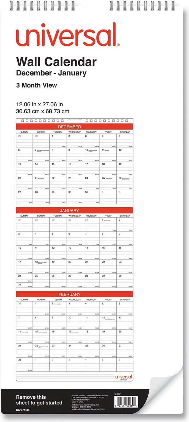 Main image of Universal Three-Month Wall Calendar White/Black/Red 12 x 27 2021 71003