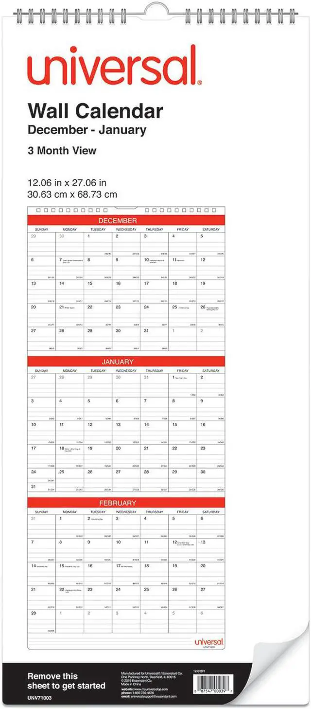 Alt view image 3 of 18 - Universal Three-Month Wall Calendar White/Black/Red 12 x 27 2021 71003
