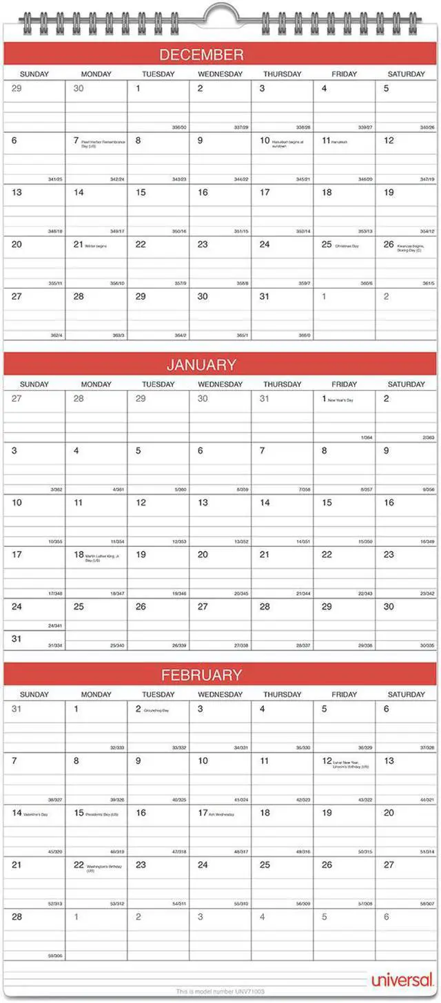 Alt view image 4 of 18 - Universal Three-Month Wall Calendar White/Black/Red 12 x 27 2021 71003