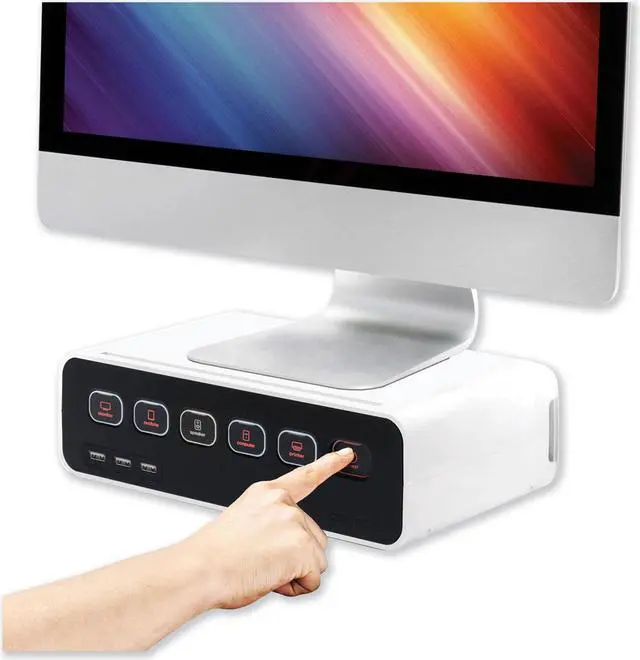 Alt view image 4 of 13 - Kantek PowerCentral Cable Management/Power Hub/Surge Protector/Monitor-Tablet Stand, Connect 5 Power Cords and 3 USB Ports, 11.8-Inch Wide x 6.7-Inch Deep x 3.5-Inch High, White/Black (CM1100)