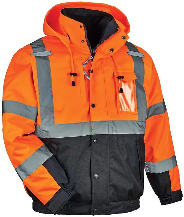 Alt view image 3 of 3 - Ergodyne 25584 GloWear 8381 Class 3 Hi-Vis 4-in-1 Quilted Bomber Jacket - Orange - Large