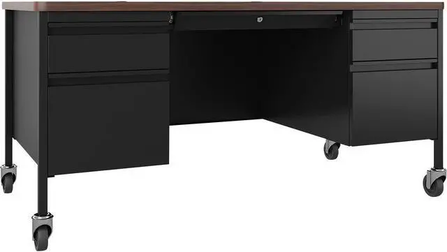 Alt view image 2 of 2 - Lorell Desk, Double-Pedestal, Mobile, 60"x30"x29-1/2", Walnut/BK (LLR66945)