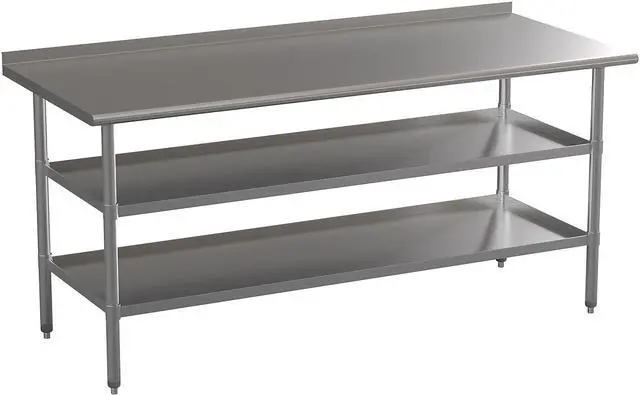 Alt view image 8 of 19 - Stainless Steel 18 Gauge Work Table with 1.5" Backsplash and 2 Undershelves - 72"W x 30"D x 34.5"H, NSF