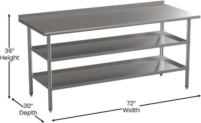 Alt view image 12 of 19 - Stainless Steel 18 Gauge Work Table with 1.5" Backsplash and 2 Undershelves - 72"W x 30"D x 34.5"H, NSF