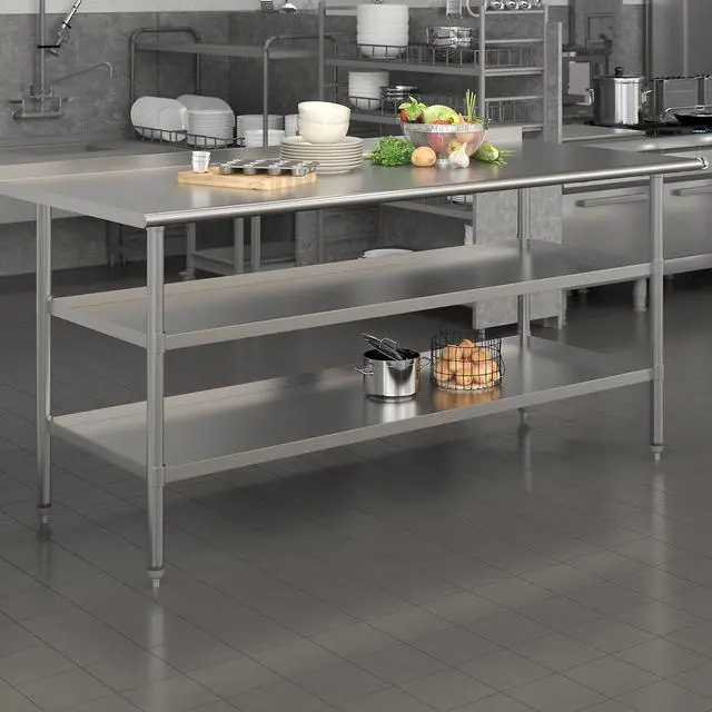 Alt view image 9 of 19 - Stainless Steel 18 Gauge Work Table with 1.5" Backsplash and 2 Undershelves - 72"W x 30"D x 34.5"H, NSF