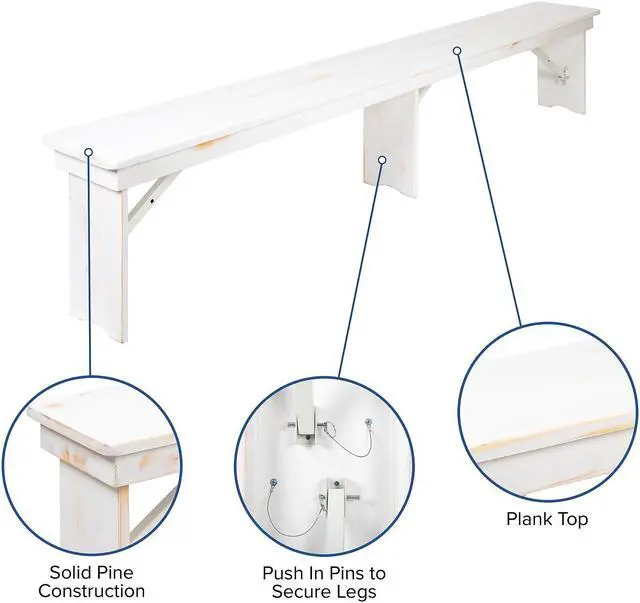 Alt view image 12 of 20 - HERCULES Series 8' x 12" Antique Rustic Solid White Pine Folding Farm Bench with 3 Legs