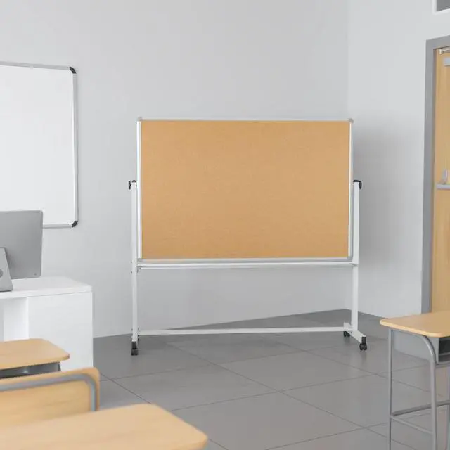 Alt view image 17 of 20 - HERCULES Series 62.5"W x 62.25"H Reversible Mobile Cork Bulletin Board and White Board with Pen Tray