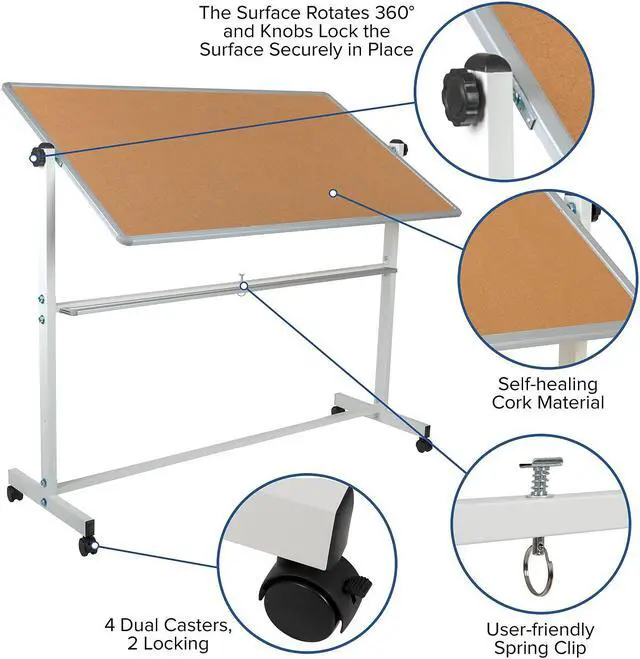 Alt view image 19 of 20 - HERCULES Series 62.5"W x 62.25"H Reversible Mobile Cork Bulletin Board and White Board with Pen Tray