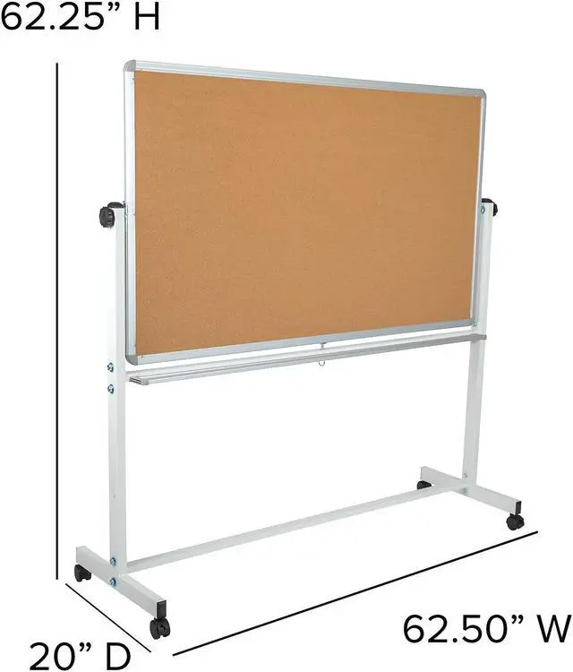 Alt view image 20 of 20 - HERCULES Series 62.5"W x 62.25"H Reversible Mobile Cork Bulletin Board and White Board with Pen Tray