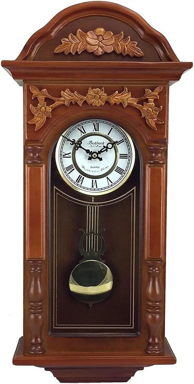Alt view image 10 of 11 - Bedford Clock Collection 27.5" Antique Chiming Wall Clock with Roman Numerals in a Padauk Oak Finish