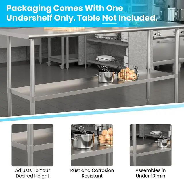 Alt view image 10 of 14 - Galvanized Under Shelf for Prep and Work Tables - Adjustable Lower Shelf for 30" x 72" Stainless Steel Tables