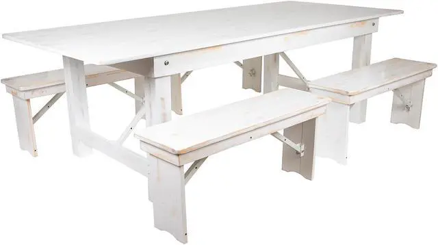 Alt view image 7 of 13 - HERCULES Series 8' x 40" Antique Rustic White Folding Farm Table and Four 40.25"L Bench Set