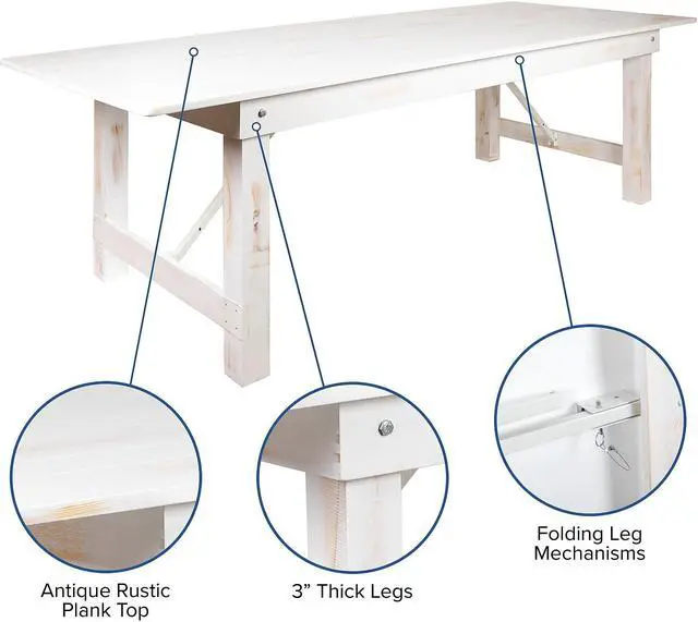 Alt view image 10 of 13 - HERCULES Series 9' x 40" Rectangular Antique Rustic White Solid Pine Folding Farm Table