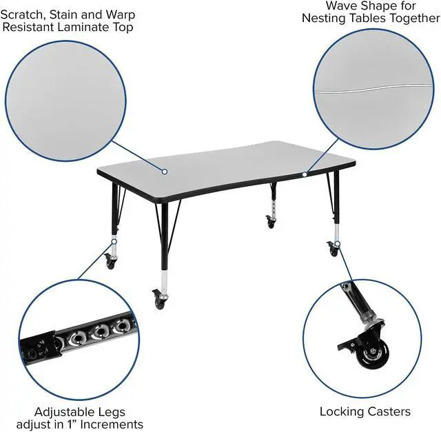 Alt view image 7 of 11 - Mobile 28"W x 47.5"L Rectangular Wave Flexible Collaborative Grey Laminate Activity Table - Height Adjustable Short Legs
