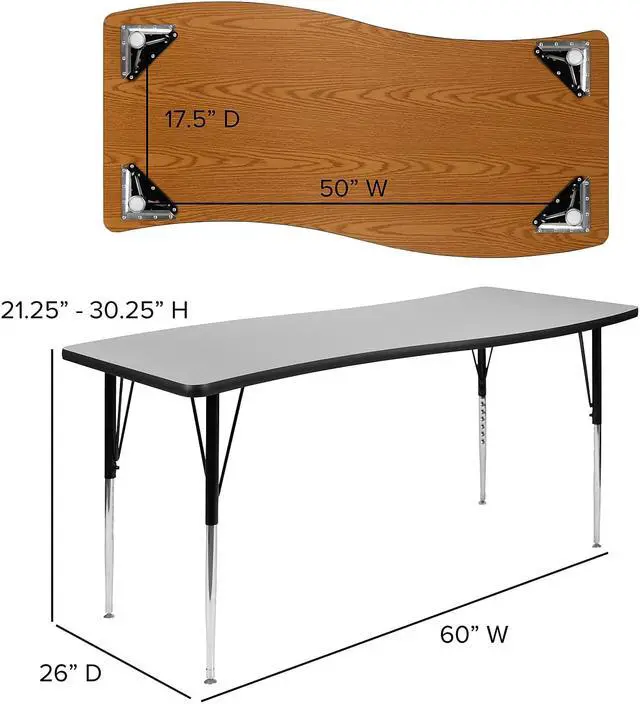 Alt view image 8 of 20 - 26"W x 60"L Rectangular Wave Flexible Collaborative Grey Thermal Laminate Activity Table - Standard Height Adjustable Legs