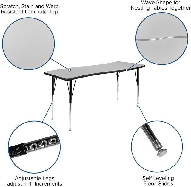 Alt view image 7 of 20 - 26"W x 60"L Rectangular Wave Flexible Collaborative Grey Thermal Laminate Activity Table - Standard Height Adjustable Legs