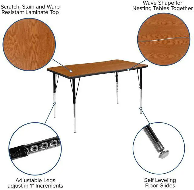 Alt view image 7 of 11 - 28"W x 47.5"L Rectangular Wave Flexible Collaborative Oak Finish Laminate Activity Table - Standard Height Adjustable Legs