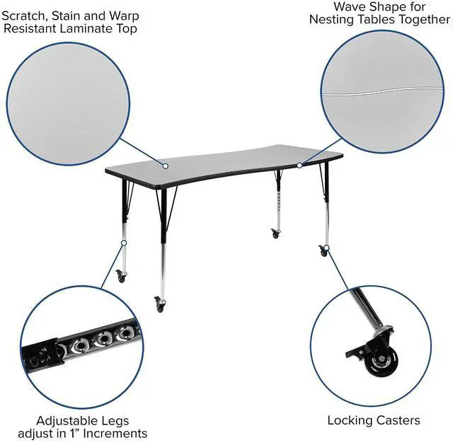Alt view image 6 of 9 - Mobile 26"W x 60"L Rectangular Wave Flexible Collaborative Grey Laminate Activity Table - Standard Height Adjustable Legs