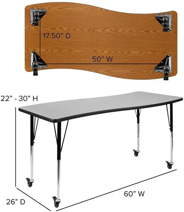 Alt view image 7 of 9 - Mobile 26"W x 60"L Rectangular Wave Flexible Collaborative Grey Laminate Activity Table - Standard Height Adjustable Legs