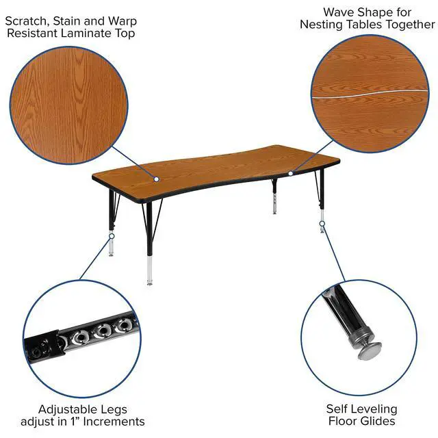 Alt view image 7 of 11 - 26"W x 60"L Rectangular Wave Flexible Collaborative Oak Thermal Laminate Activity Table - Height Adjustable Short Legs