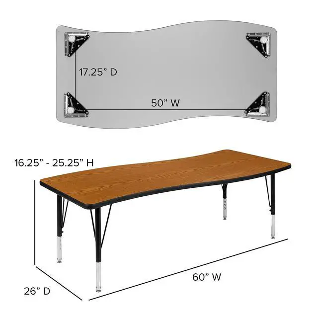 Alt view image 8 of 11 - 26"W x 60"L Rectangular Wave Flexible Collaborative Oak Thermal Laminate Activity Table - Height Adjustable Short Legs
