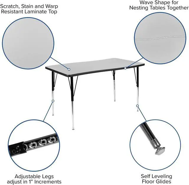Alt view image 7 of 11 - 28"W x 47.5"L Rectangular Wave Flexible Collaborative Grey Thermal Laminate Activity Table - Standard Height Adjustable Legs