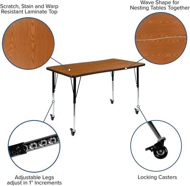 Alt view image 7 of 20 - Mobile 28"W x 47.5"L Rectangular Wave Flexible Collaborative Oak Laminate Activity Table-Standard Height Adjustable Legs