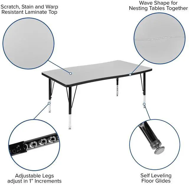 Alt view image 7 of 11 - 28"W x 47.5"L Rectangular Wave Flexible Collaborative Grey Thermal Laminate Activity Table - Height Adjustable Short Legs