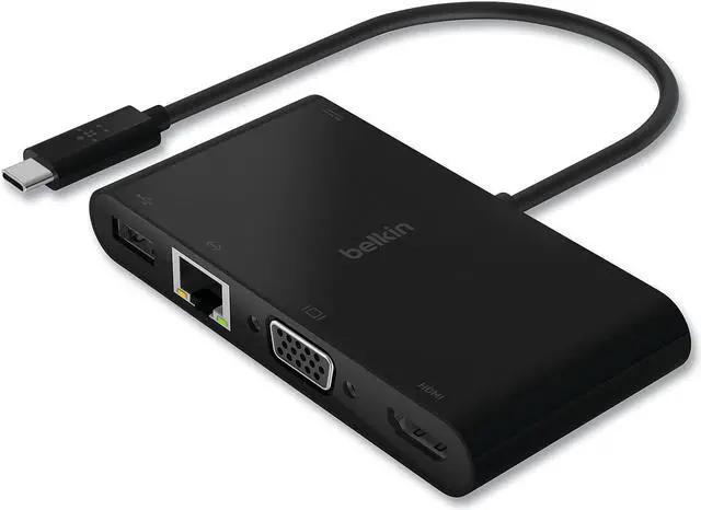 Alt view image 2 of 6 - Belkin AVC004BK-BL USB-C Multimedia + Charge Adapter for Notebook - 100 W - USB Type C - 1 x USB 3.0 - USB Type-C - Network (RJ-45) - HDMI - VGA - Wired