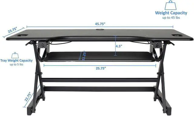 Alt view image 14 of 17 - Rocelco Deluxe 46" wide Height Adjustable Standing Desk Riser with Extended Vertical Range (Black)