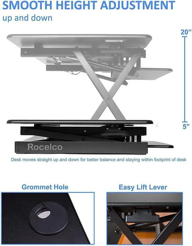 Alt view image 13 of 17 - Rocelco Deluxe 46" wide Height Adjustable Standing Desk Riser with Extended Vertical Range (Black)