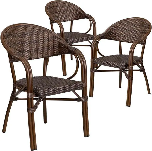 Alt view image 15 of 20 - Flash Furniture Milano Series Bamboo Patio Chair Dark Brown Rattan/Bamboo-Aluminum Frame 3 Pack (3SDAAD642003R1)