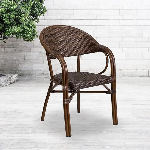 Alt view image 16 of 20 - Flash Furniture Milano Series Bamboo Patio Chair Dark Brown Rattan/Bamboo-Aluminum Frame 3 Pack (3SDAAD642003R1)