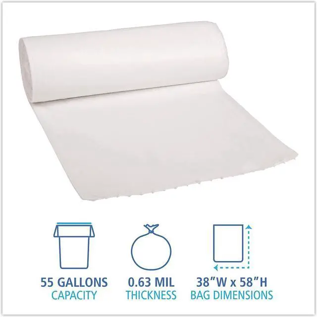 Alt view image 3 of 8 - Boardwalk Repro Low-Density Can Liners 55 gal 0.63 mil 38 x 58 White 10 Bags/Roll 10 Rolls/Carton 515