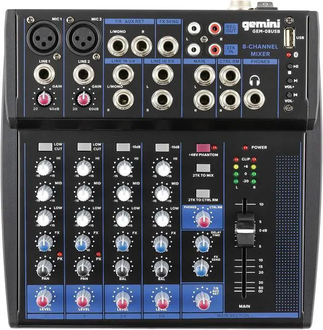 Alt view image 7 of 8 - Gemini compact 8-channel Bluetooth mixer with USB playback