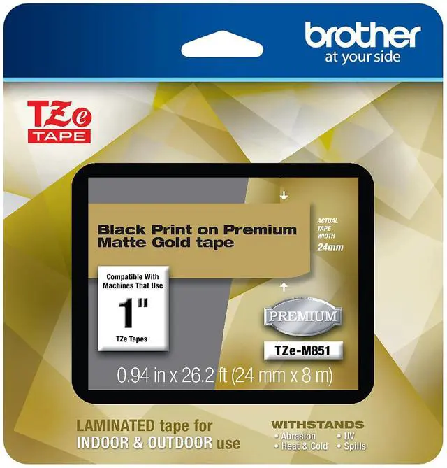 Alt view image 3 of 8 - Brother TZeM851 Black Print on Premium Matte Gold Laminated Tape for P-touch Label Maker, 24 mm (0.94") Wide x 8 m (26.20 ft.) Long