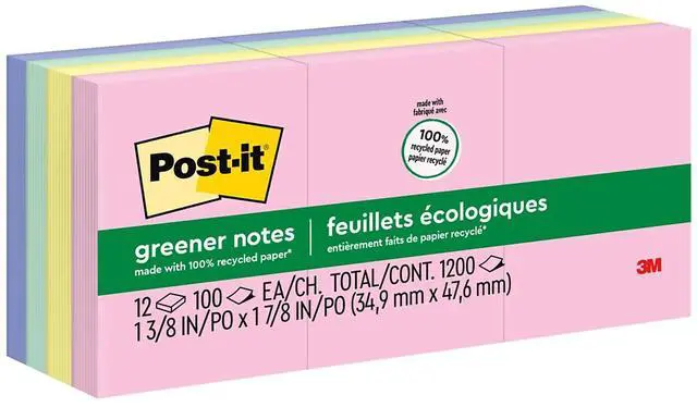 Main image of Post-it Recycled Note Pads 1 1/2 x 2 Assorted Helsinki Colors 100-Sheet 12/Pack