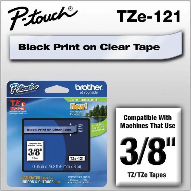 Main image of TZe121 9mm (0.35") Black on Clear tape for P-Touch labelers (TZ machines)