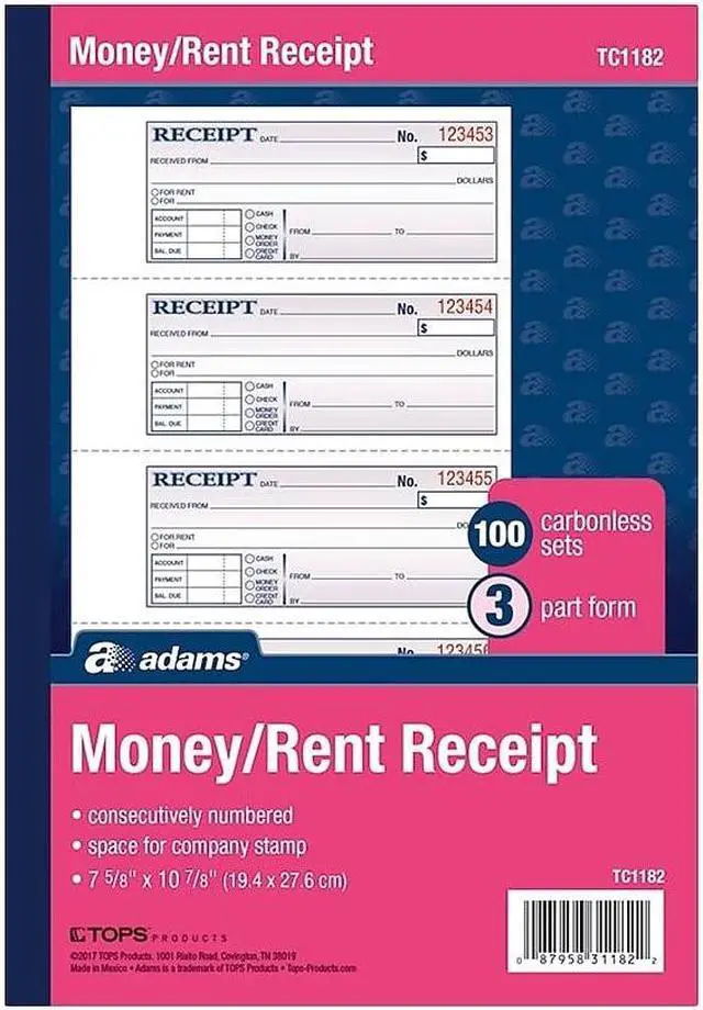 Alt view image 2 of 3 - Adams 3-Part Carbonless Receipt Book 10.88" x 7.63" 100 Sets/Book (TC1182)